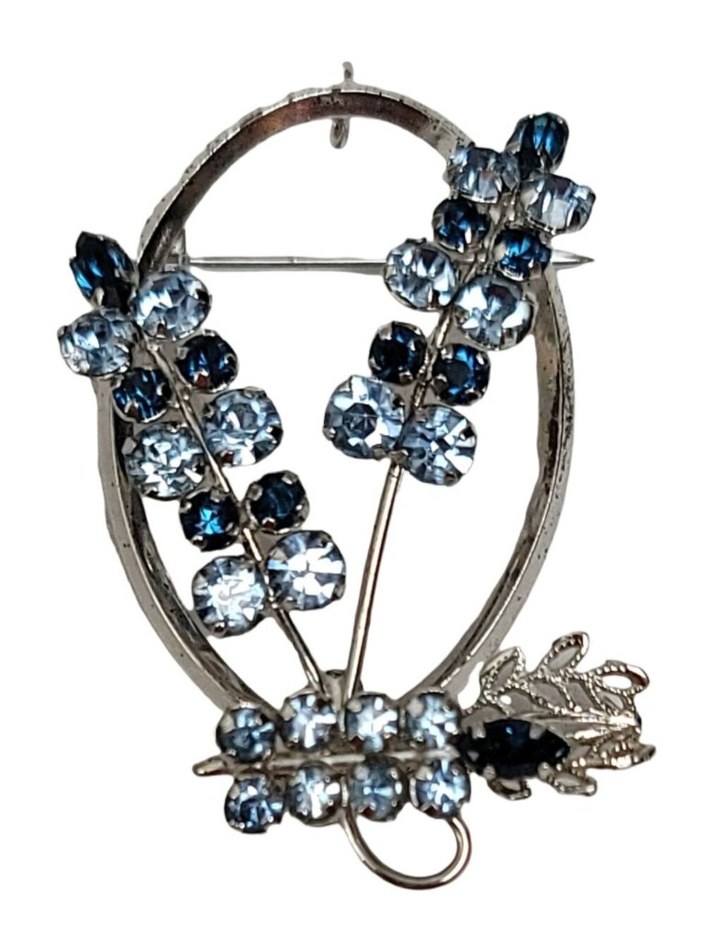 STAR-ART Sterling Silver Oval Open Blue Rhinestone Pendant Brooch, Signed
